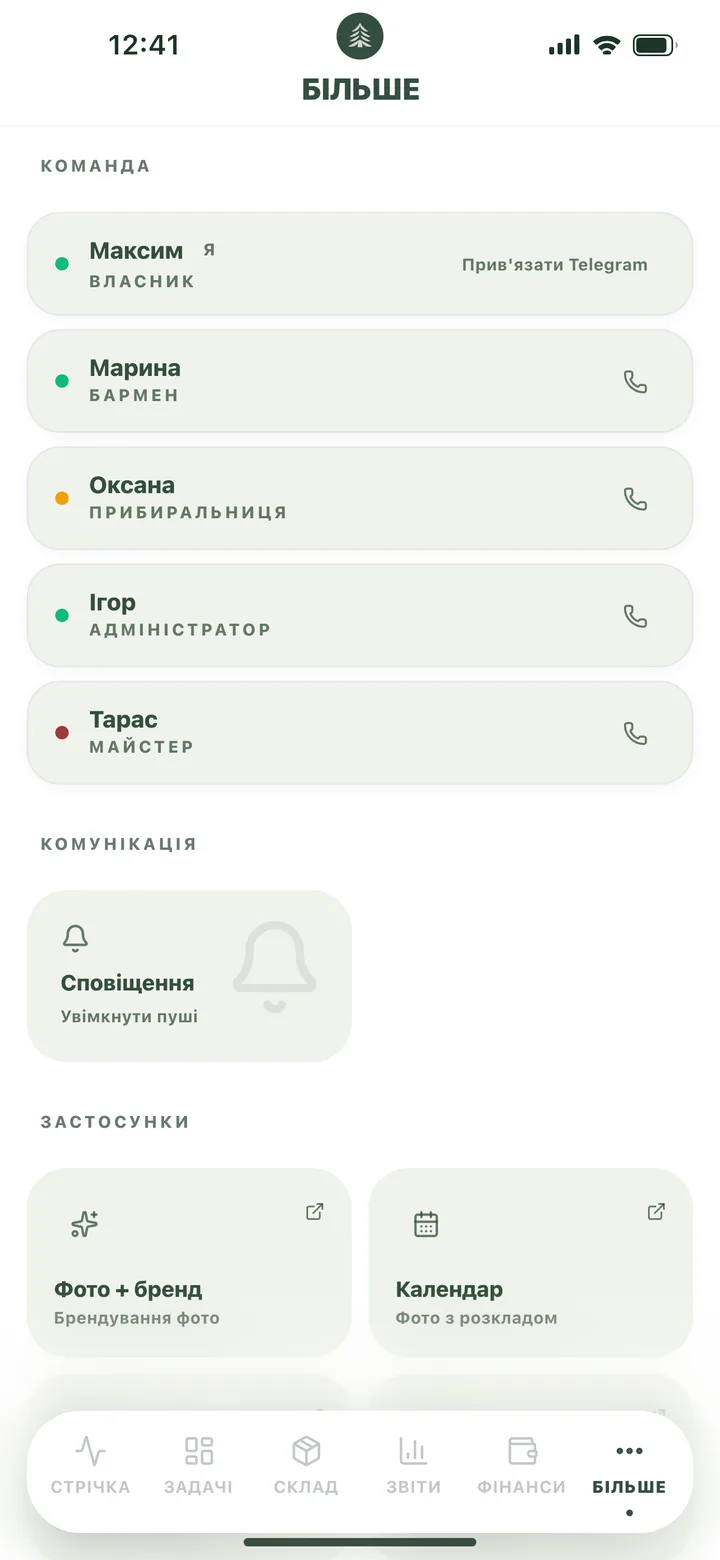 Команда: хто на зміні, індикатор активності й швидкий дзвінок.