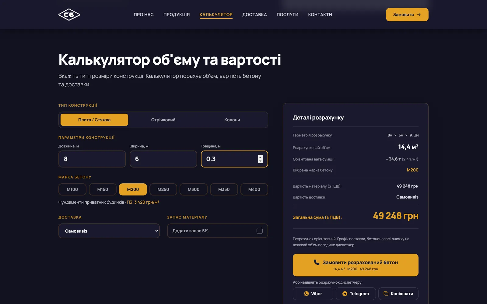 Калькулятор: розміри конструкції, марка бетону, доставка й живий підсумок вартості.